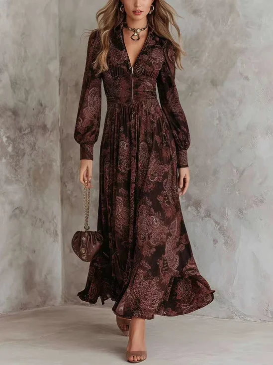 Women Floral Spring/Fall Dress
                                    V Neck Long Sleeve A-Line Dress