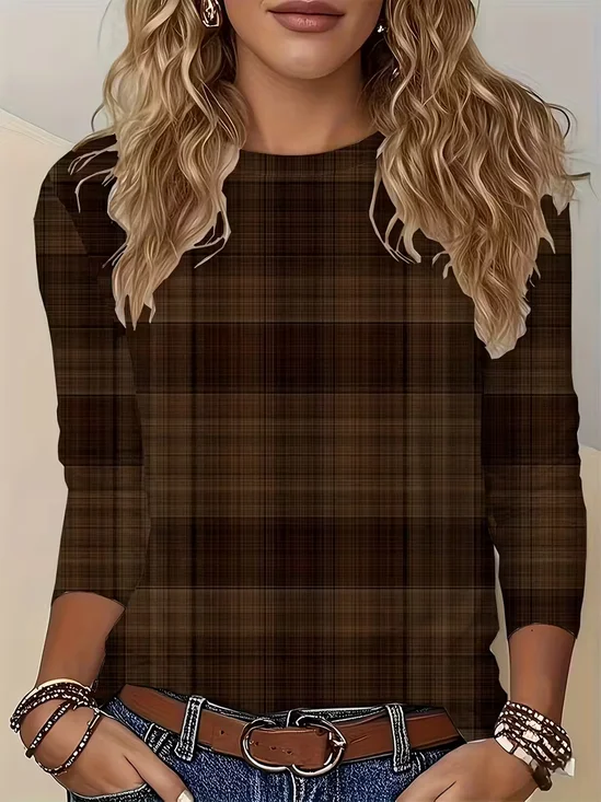 Casual Plaid Crew Neck Long Sleeve T-shirt