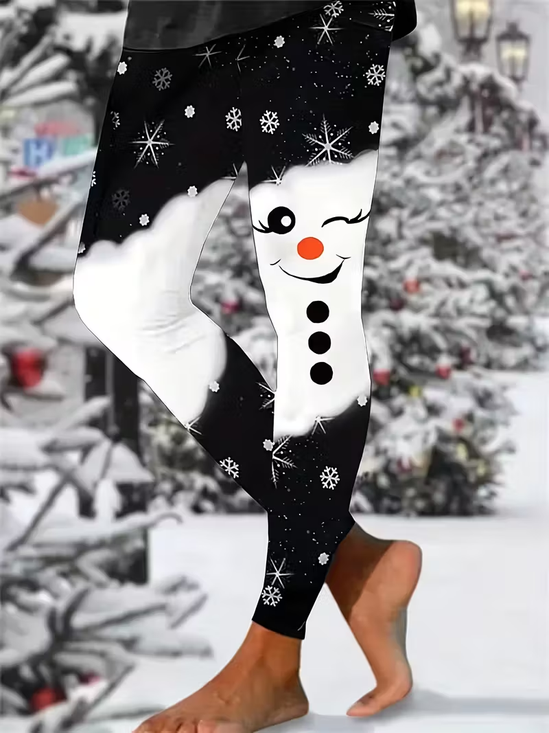 Women Christmas Snowman Casual All Season Printing Long Leggings