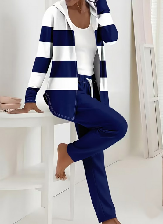 Women Striped Printing Two-Piece Set Daily Long Sleeve Casual Spring/Fall Coat With Pants Matching Set