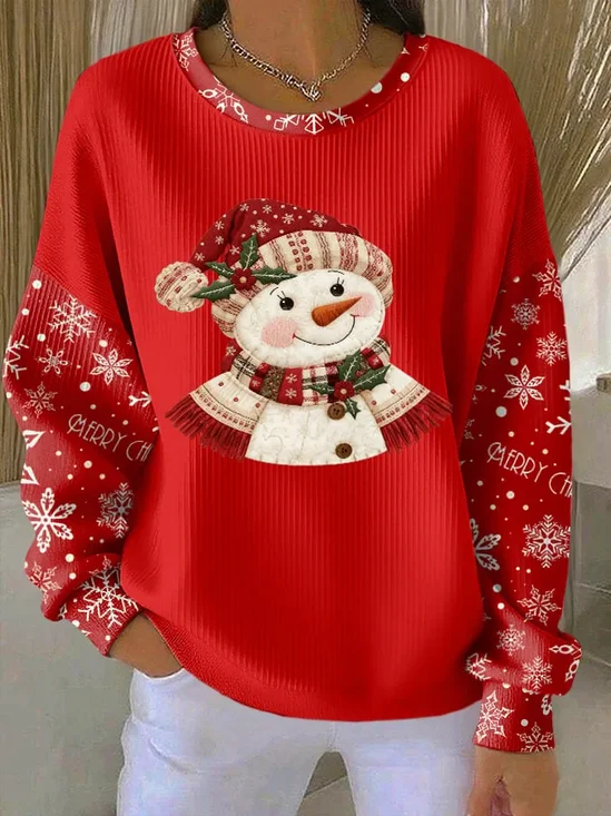 Casual Crew Neck Christmas Snowman Sweatshirt Printing