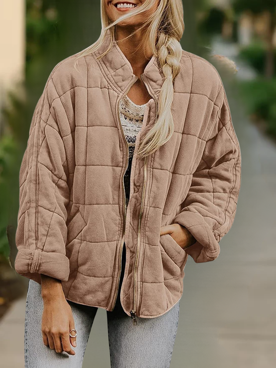 Women Spring/Fall Outerwear Casual Split Joint Plain Long Sleeve Stand Collar Jacket