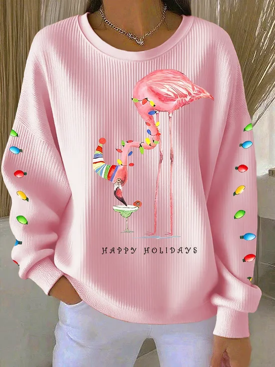 Casual Crew Neck Flamingo Sweatshirt Printing