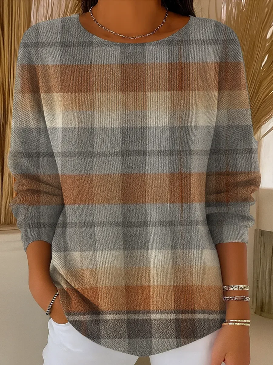 Women Plaid Long Sleeve Comfy Casual Printing Sweater