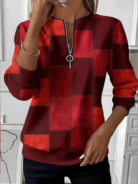 Casual Crew Neck Abstract Plaid Sweatshirt Printing