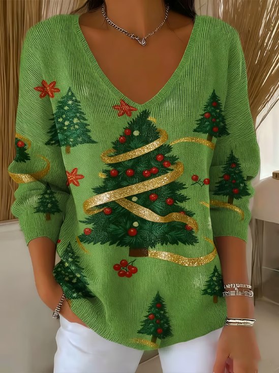 Casual Christmas V Neck Long Sleeve T-shirt