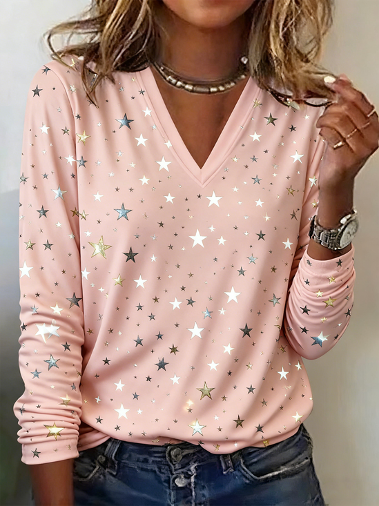 Casual Star V Neck Long Sleeve T-shirt