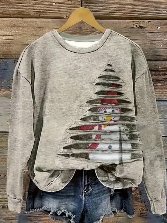 Casual Crew Neck Christmas Snowman Sweatshirt Printing
