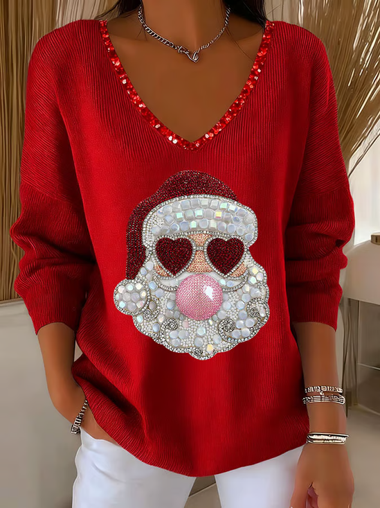 Casual Santa Claus V Neck Long Sleeve T-shirt