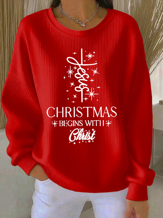 Casual Crew Neck Christmas Sweatshirt Printing