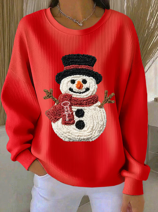 Casual Crew Neck Christmas Snowman Sweatshirt Printing