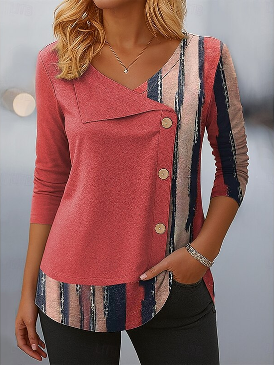 Casual Striped V Neck Long Sleeve T-shirt