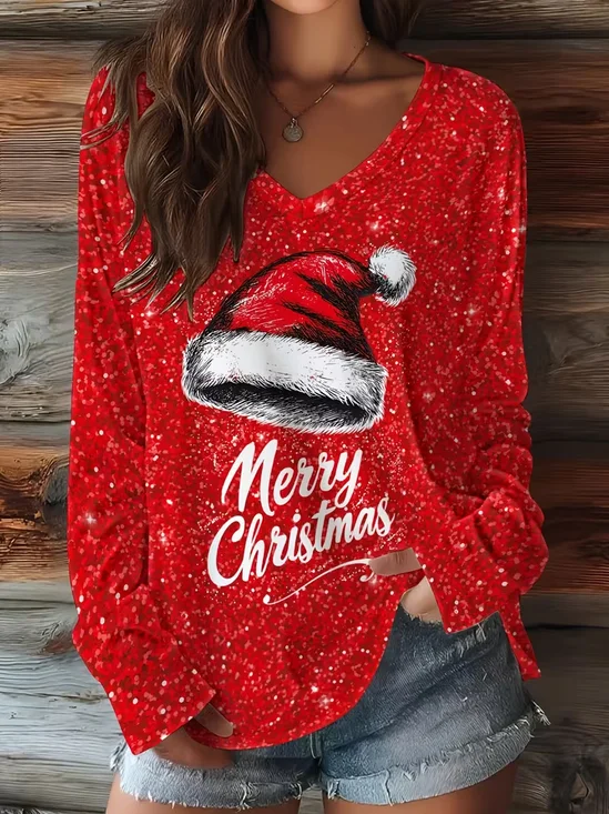 Casual Christmas V Neck Long Sleeve T-shirt