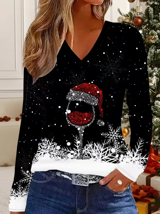 Casual Christmas V Neck Long Sleeve T-shirt