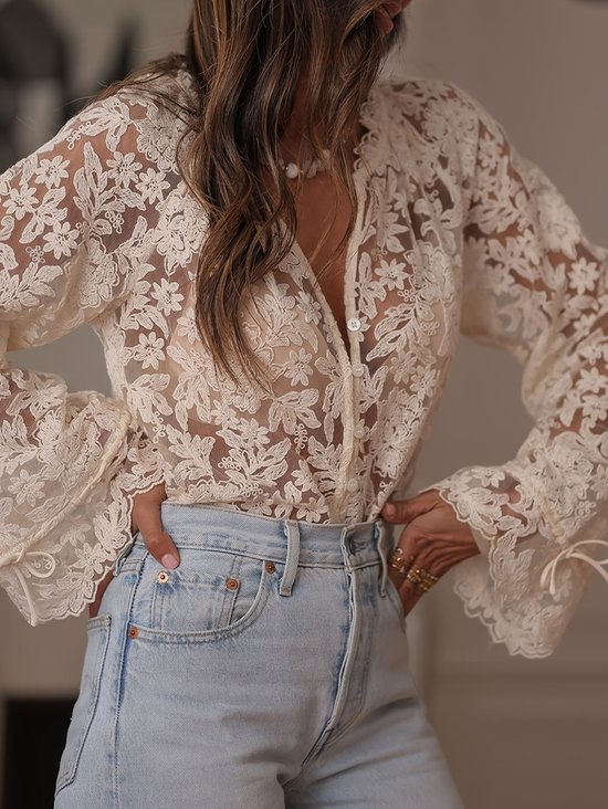 Long Sleeve Lace Lightweight Loose Blouse For Women