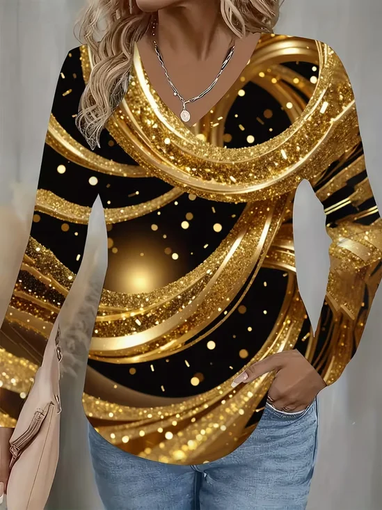 Casual Abstract V Neck Long Sleeve T-shirt