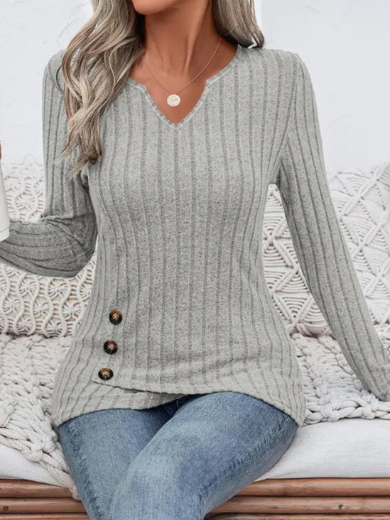 Elegant Plain V Neck Long Sleeve T-shirt