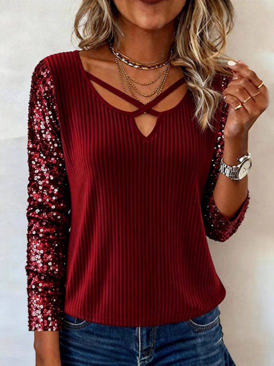 Vintage Plain V Neck Long Sleeve T-shirt
