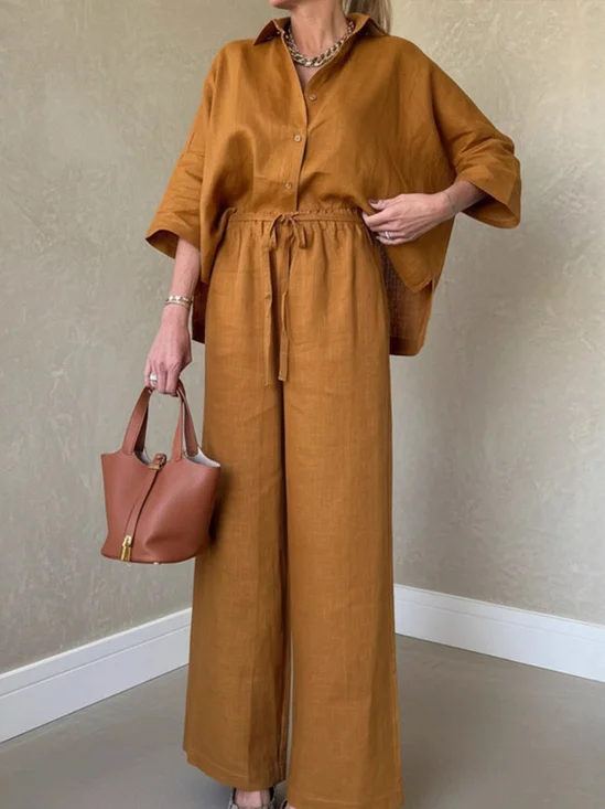 Women Plain Two-Piece Set Daily Three Quarter Sleeve Casual Spring/Fall Top With Pants Matching Set