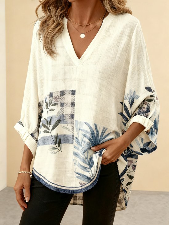 V Neck Three Quarter Sleeve Floral Regular Loose Shirt For Women
