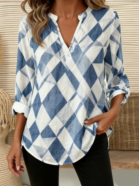 V Neck Three Quarter Sleeve Geometric Regular Loose Shirt For Women