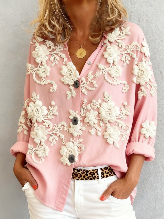 Shawl Collar Long Sleeve Floral Regular Loose Shirt For Women
