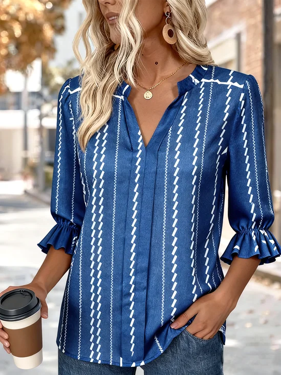 V Neck Half Sleeve Striped Regular Regular Fit Shirt For Women