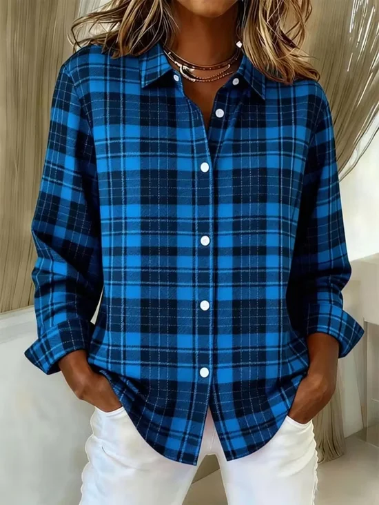 Shirt Collar Regular Sleeve Long Sleeve Plaid Buckle Regular Loose Button Up Shirt Shirt For Women