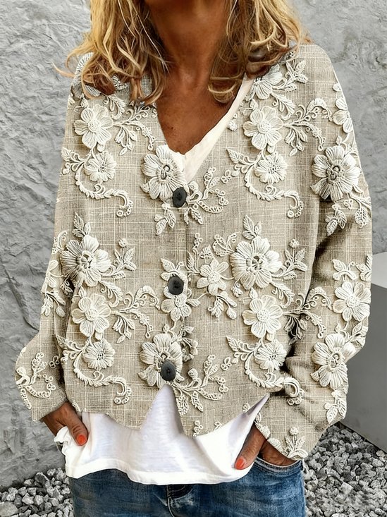 V Neck Long Sleeve Floral Regular Loose Blouse For Women