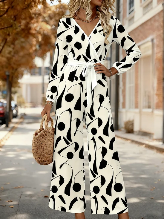 Women Geometric V Neck Long Sleeve Elegant Spring/Fall Jumpsuit