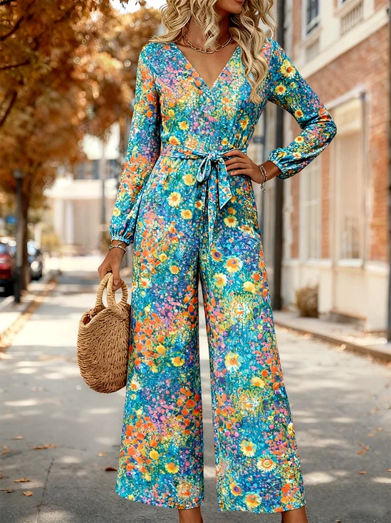Women Floral V Neck Long Sleeve Elegant Spring/Fall Jumpsuit