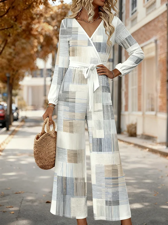 Women Geometric V Neck Long Sleeve Elegant Spring/Fall Jumpsuit