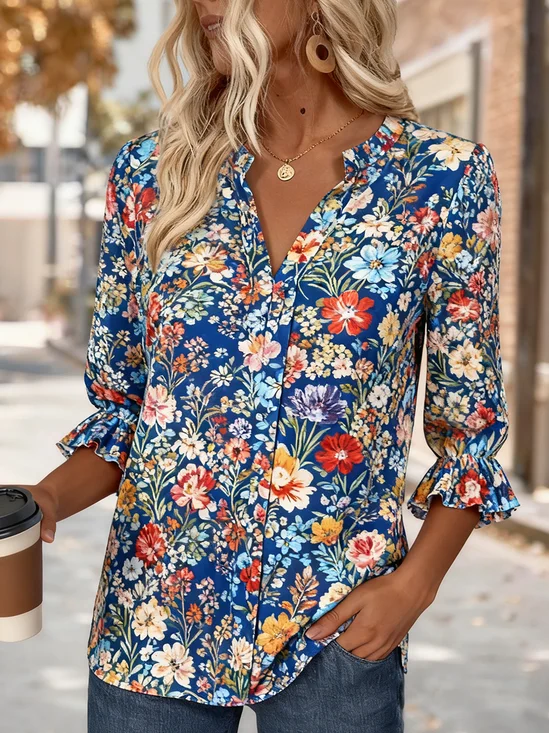 V Neck Half Sleeve Floral Regular Regular Fit Shirt For Women