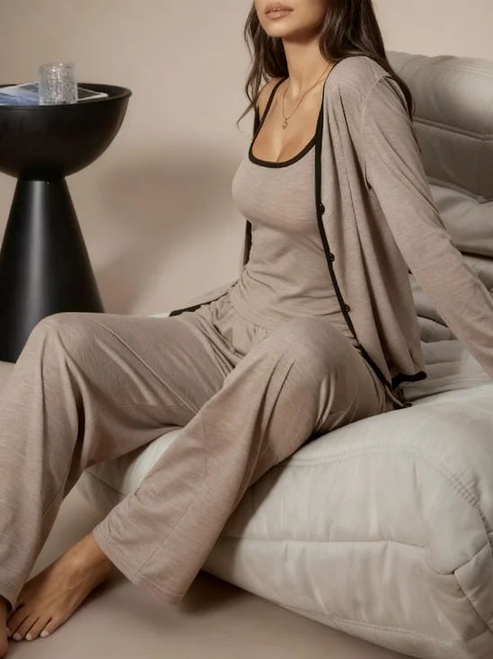 3pcs Women Casual Solid Color Fitted Long Sleeve Robe, Camisole Top And Pants Loungewear Set