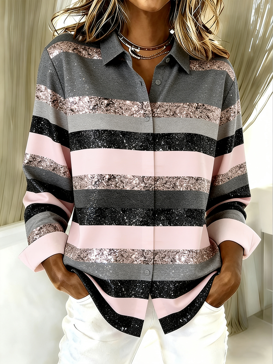 Shirt Collar Long Sleeve Striped Regular Loose Shirt For Women
