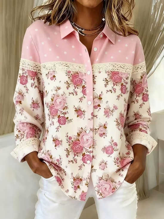 Shirt Collar Regular Sleeve Long Sleeve Floral Buckle Regular Loose Button Up Shirt Shirt For Women
