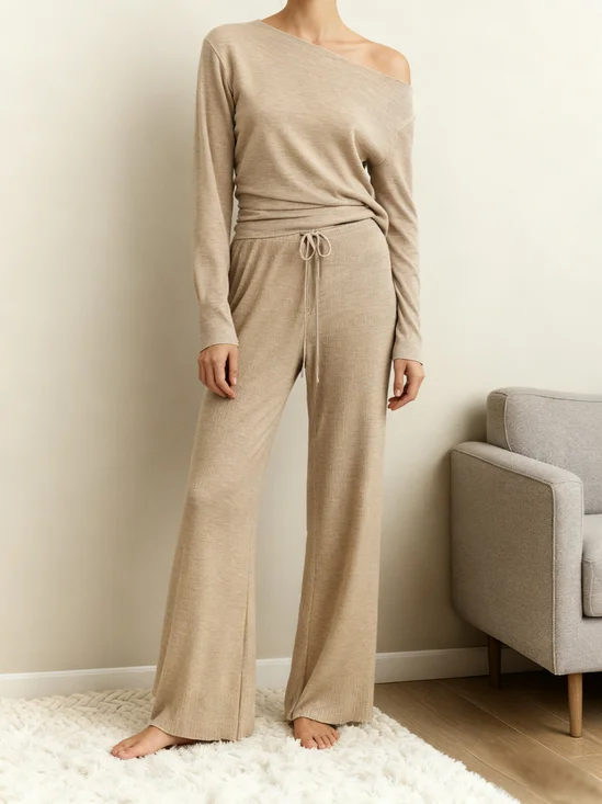 Ribbed Casual Boat Neck Pajamas Set