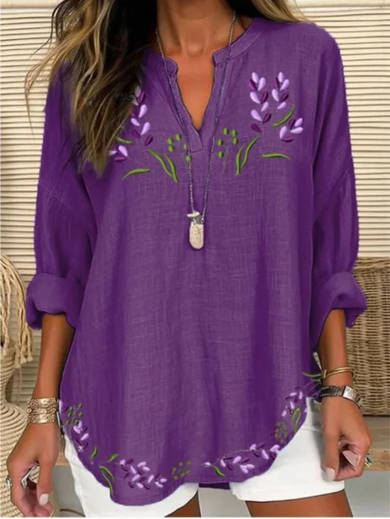  Elegant Long Sleeve Floral Print Loose Comfy Blouse For Women