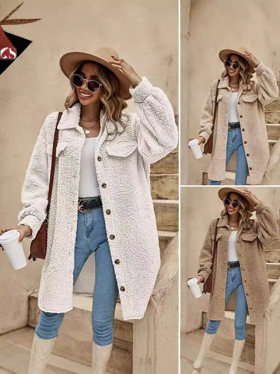 Women Winter Outerwear Casual Split Joint Plain Long Sleeve Shawl Collar Jacket
