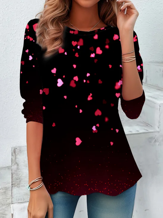 Casual Heart/Cordate Crew Neck Long Sleeve T-shirt