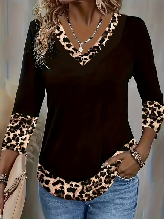 Casual Leopard V Neck Long Sleeve T-shirt