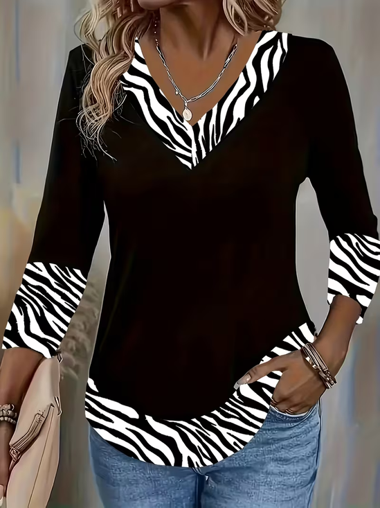 Casual Zebra V Neck Long Sleeve T-shirt