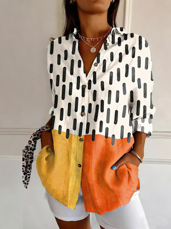 Shawl Collar Three Quarter Sleeve Polka Dots Regular Loose Shirt For Women