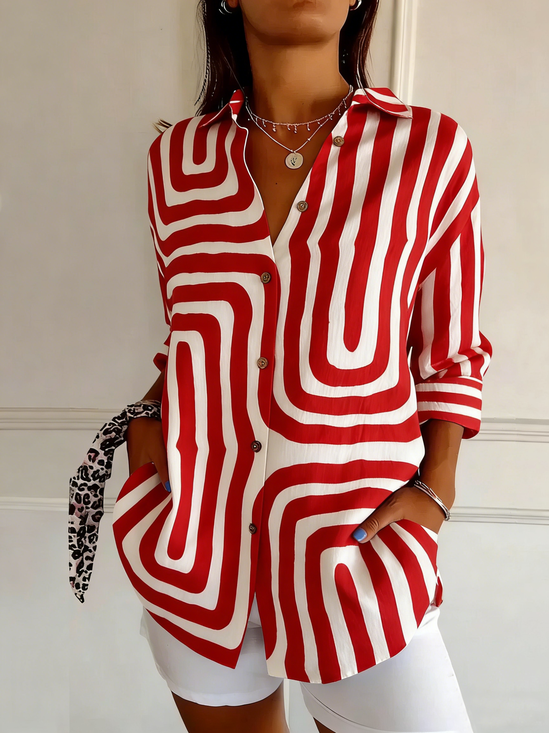 Shawl Collar Long Sleeve Striped Regular Loose Shirt For Women