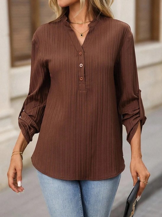 V Neck Long Sleeve Plain Regular Loose Blouse For Women