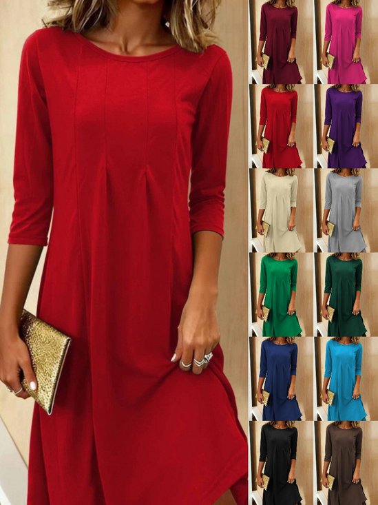 Women Plain Spring/Fall Split Joint Dress Crew Neck Three Quarter Sleeve Tunic A-Line Dress