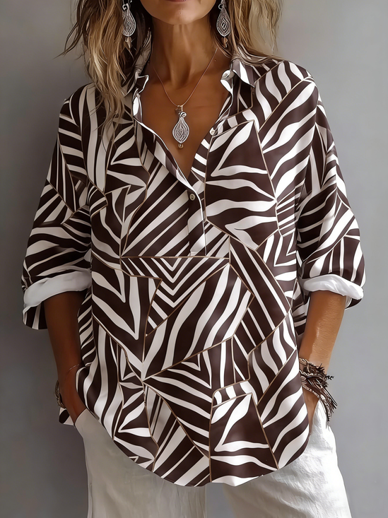 Shirt Collar Long Sleeve Geometric Regular Micro-Elasticity Regular Fit Shirt For Women