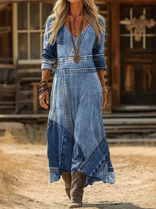 Women Faux Denim Print Graphic Spring/Fall Printing Dress V Neck Long Sleeve H-Line Dress