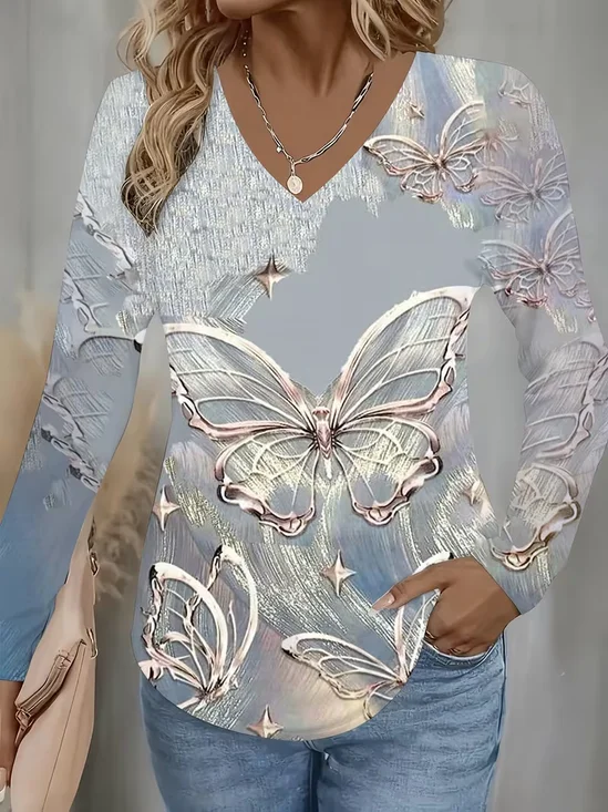 Casual Butterfly V Neck Long Sleeve T-shirt
