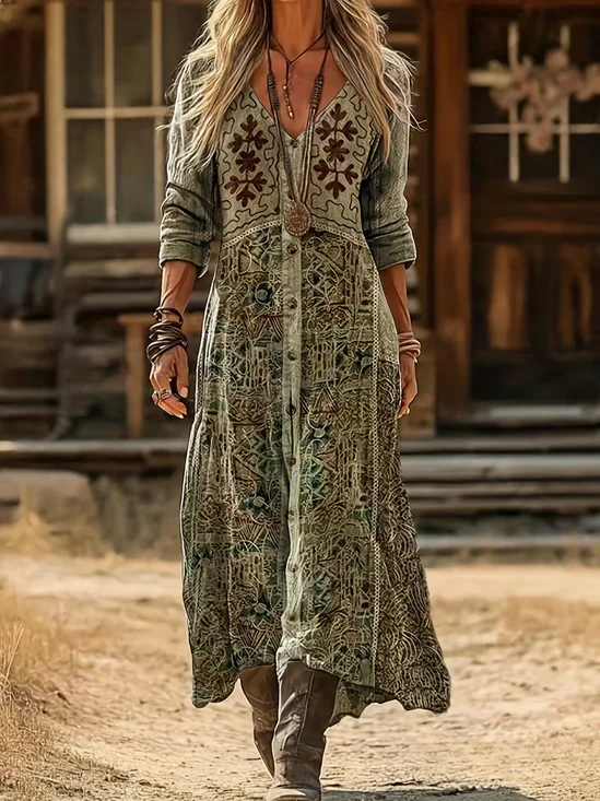 Women Abstract Spring/Fall Printing Dress V Neck Long Sleeve H-Line Dress